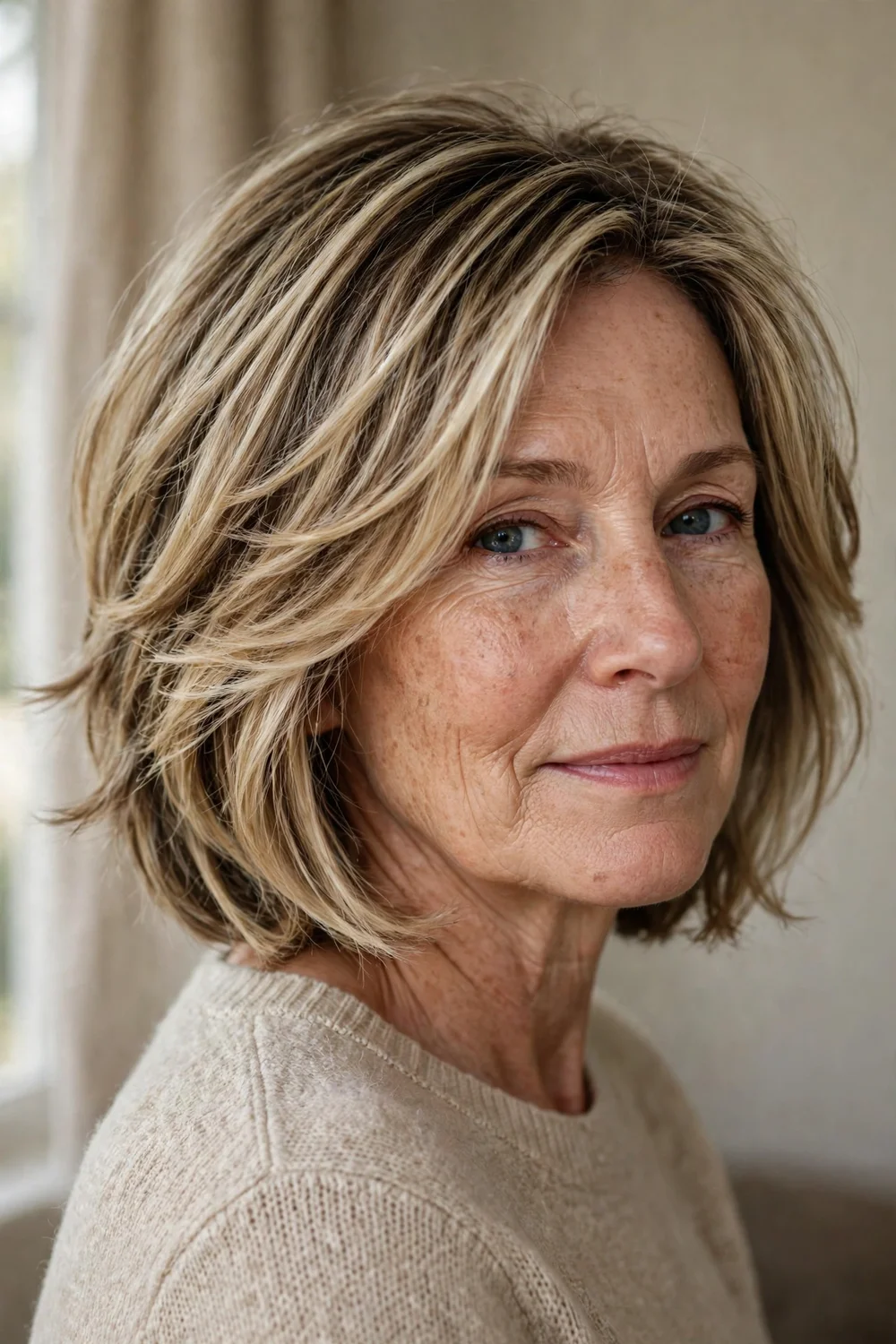 55-year-old woman with dark blonde layered bob with movement, three-quarter view