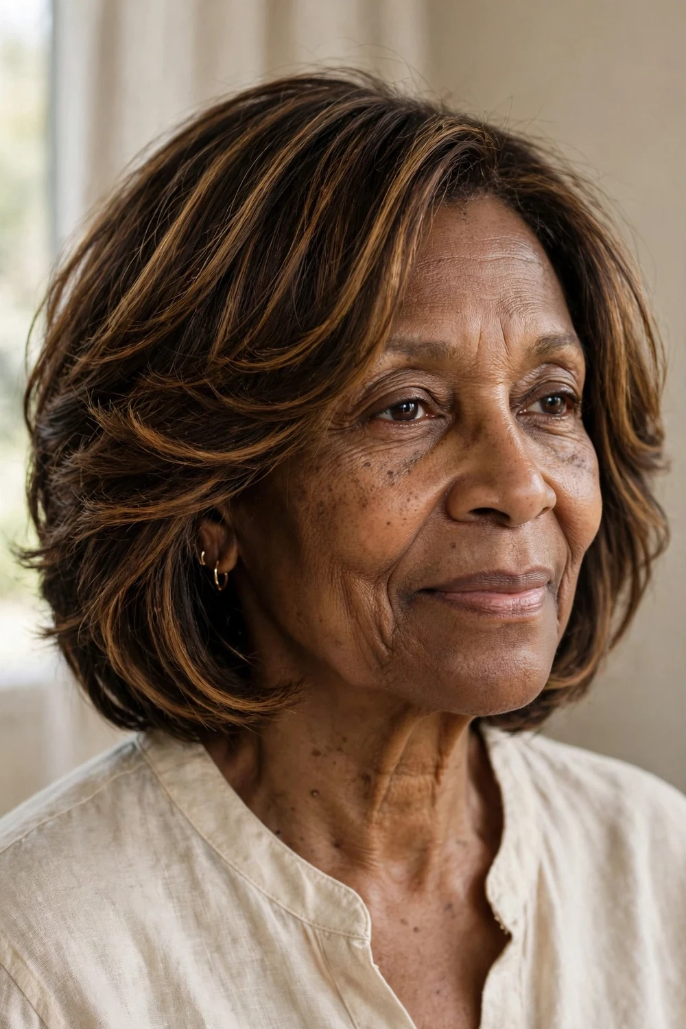 Woman over 60 with layered bob with soft internal layers adding movement
