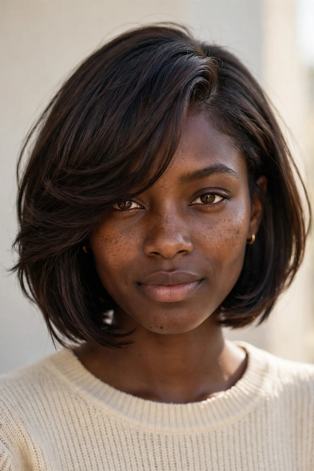 Woman with a layered bob and deep side part