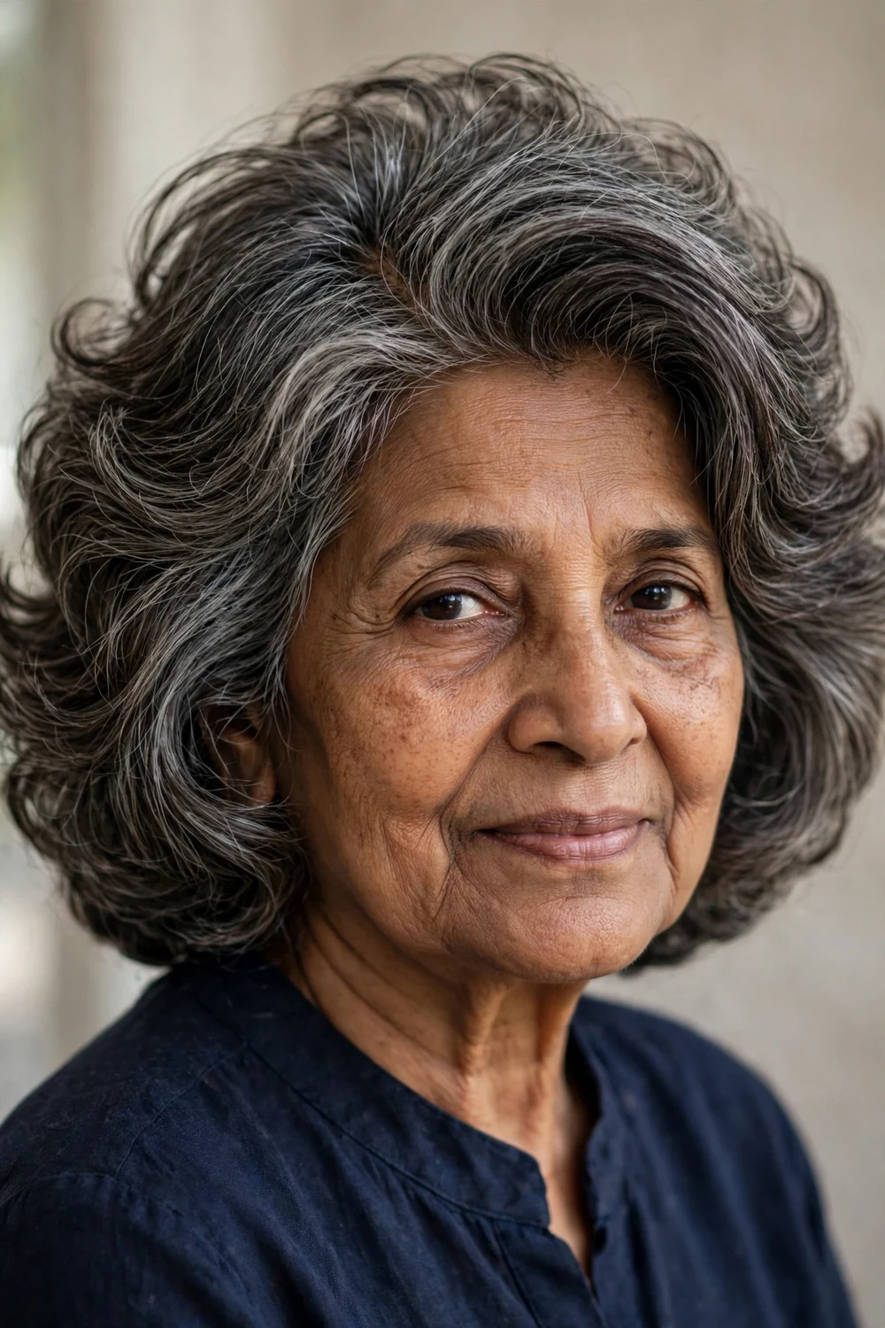 Woman in her 60s with layered bob, soft waves and deep side part, side view