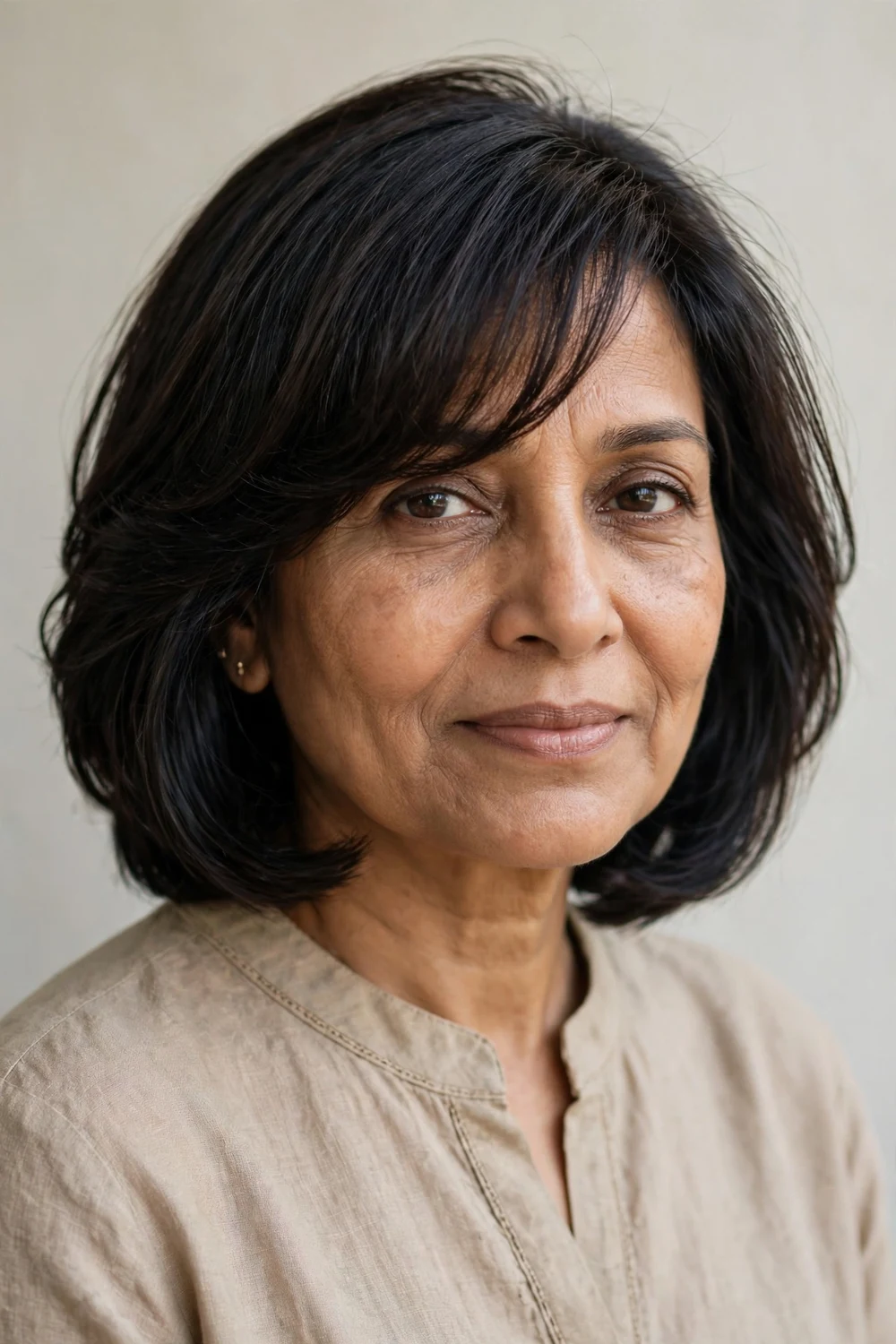 Black woman in her 60s with a rounded layered bob and arched bangs curving shorter in the center, dark hair with gray