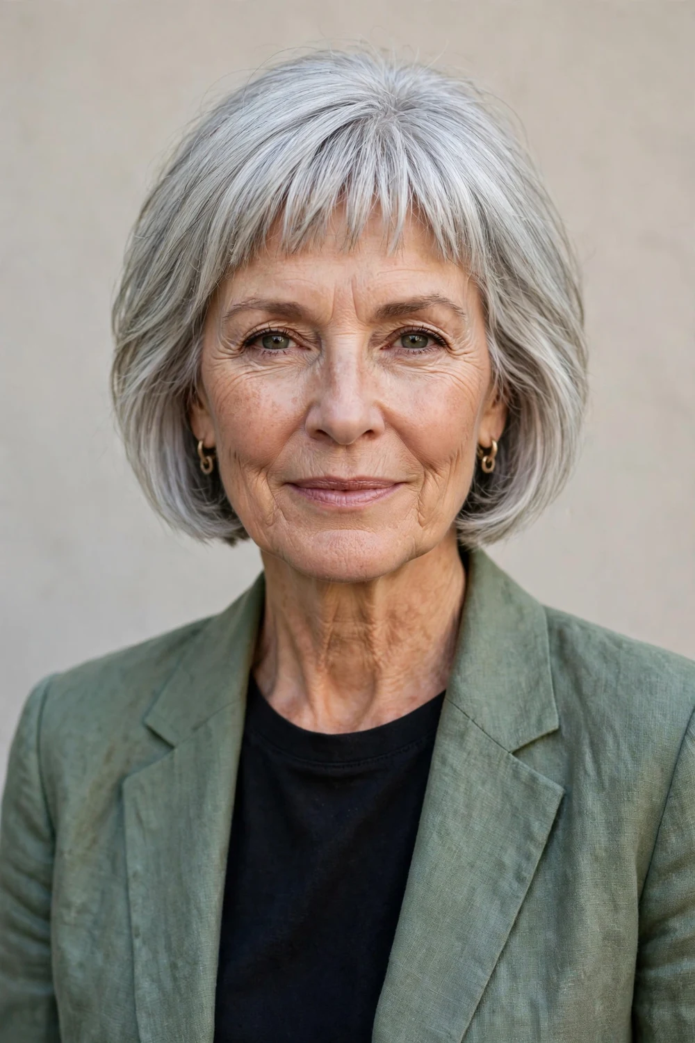 Black woman in her 50s with an asymmetrical layered bob, one side longer, and curtain bangs, dark hair