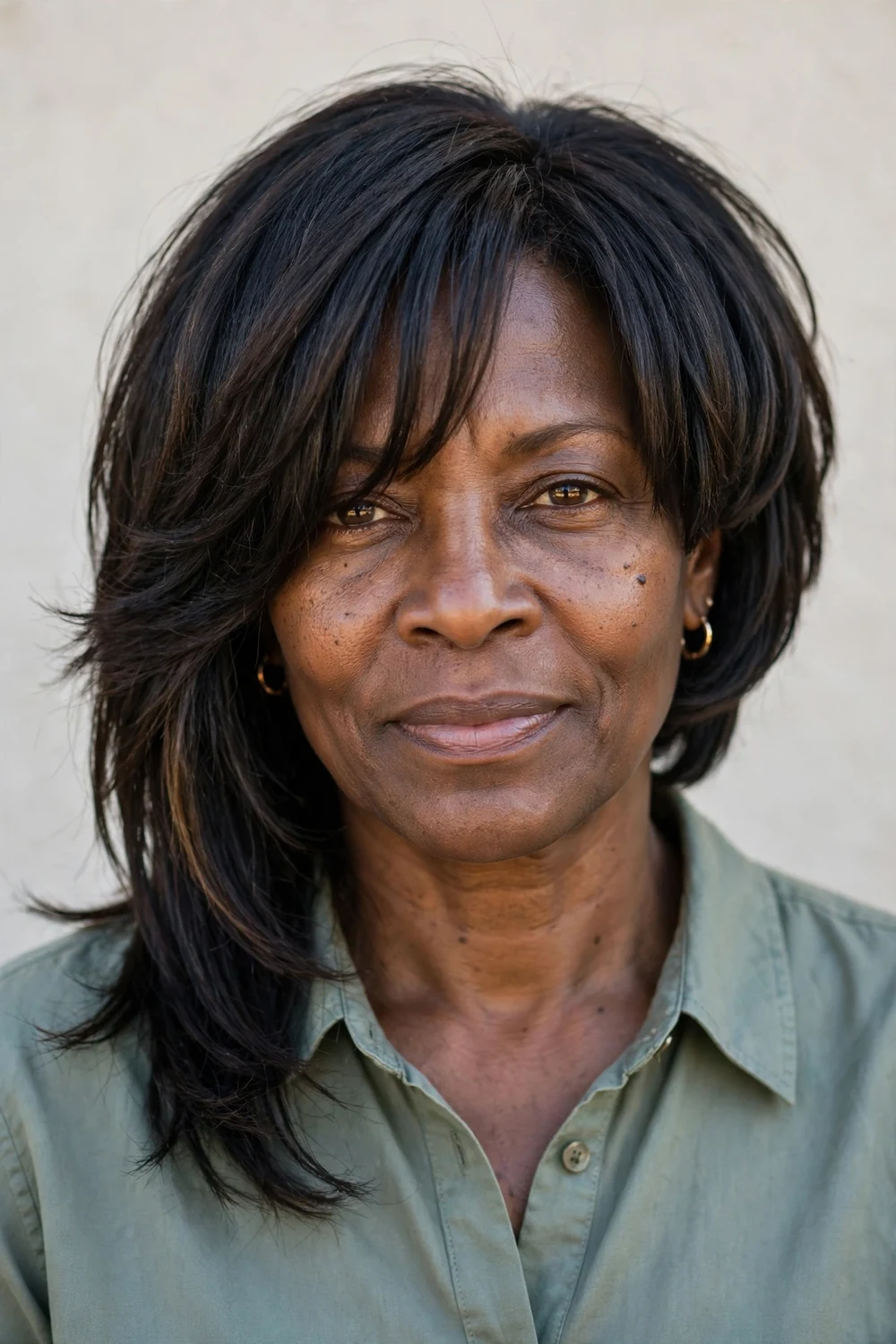 White woman in her 60s with a silver layered bob and short baby bangs above the eyebrows