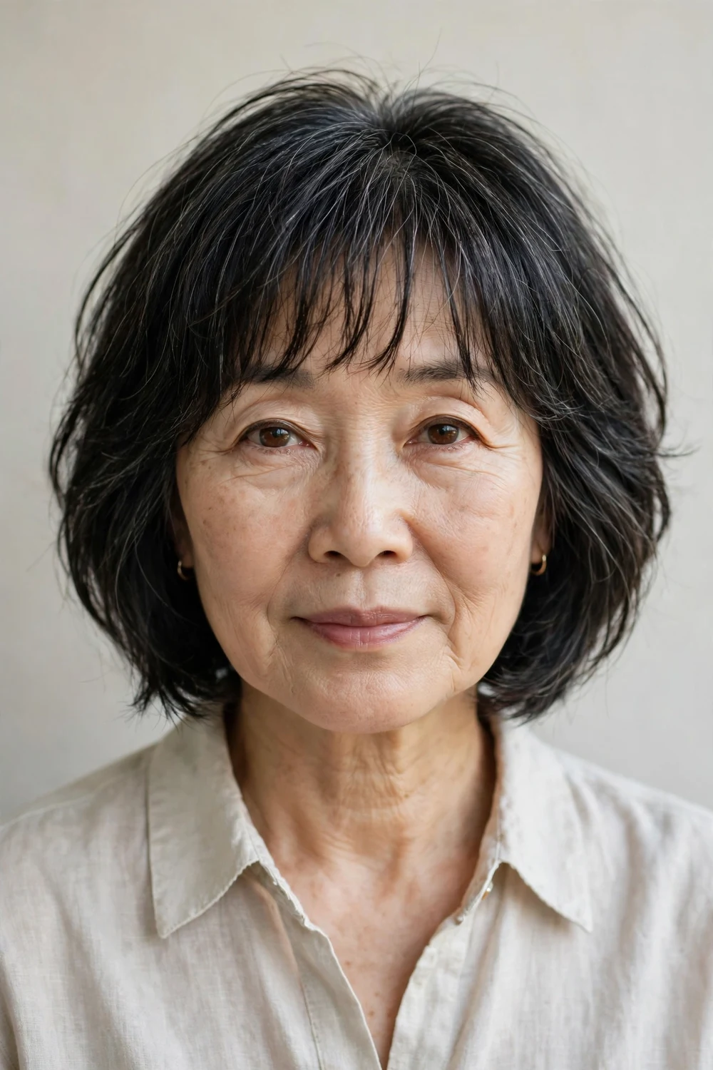 Latina woman in her 50s with a warm balayage layered bob and face-framing curtain bangs, caramel and honey tones