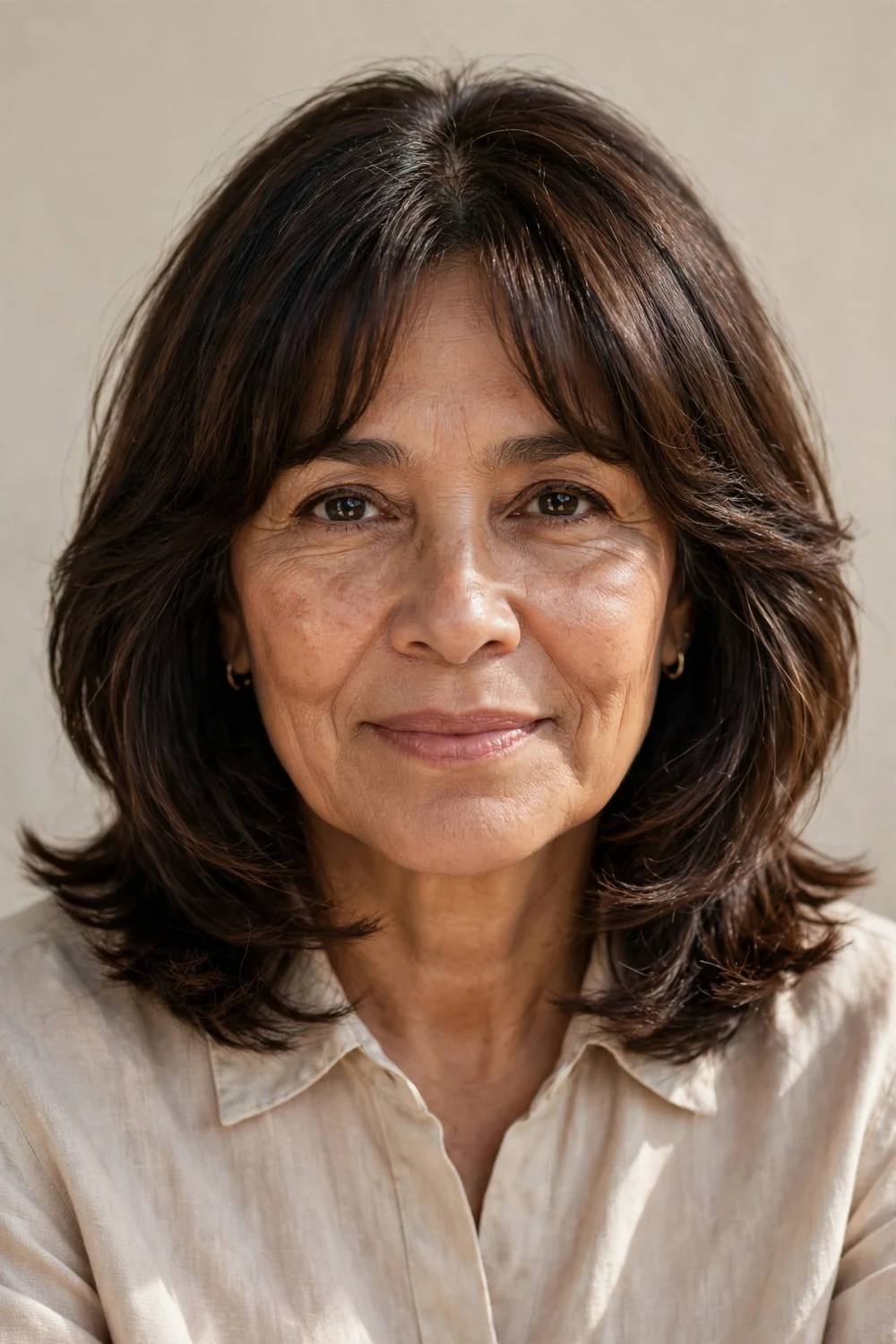 Latina woman in her 50s with a layered bob and center-parted Bardot bangs, brunette hair