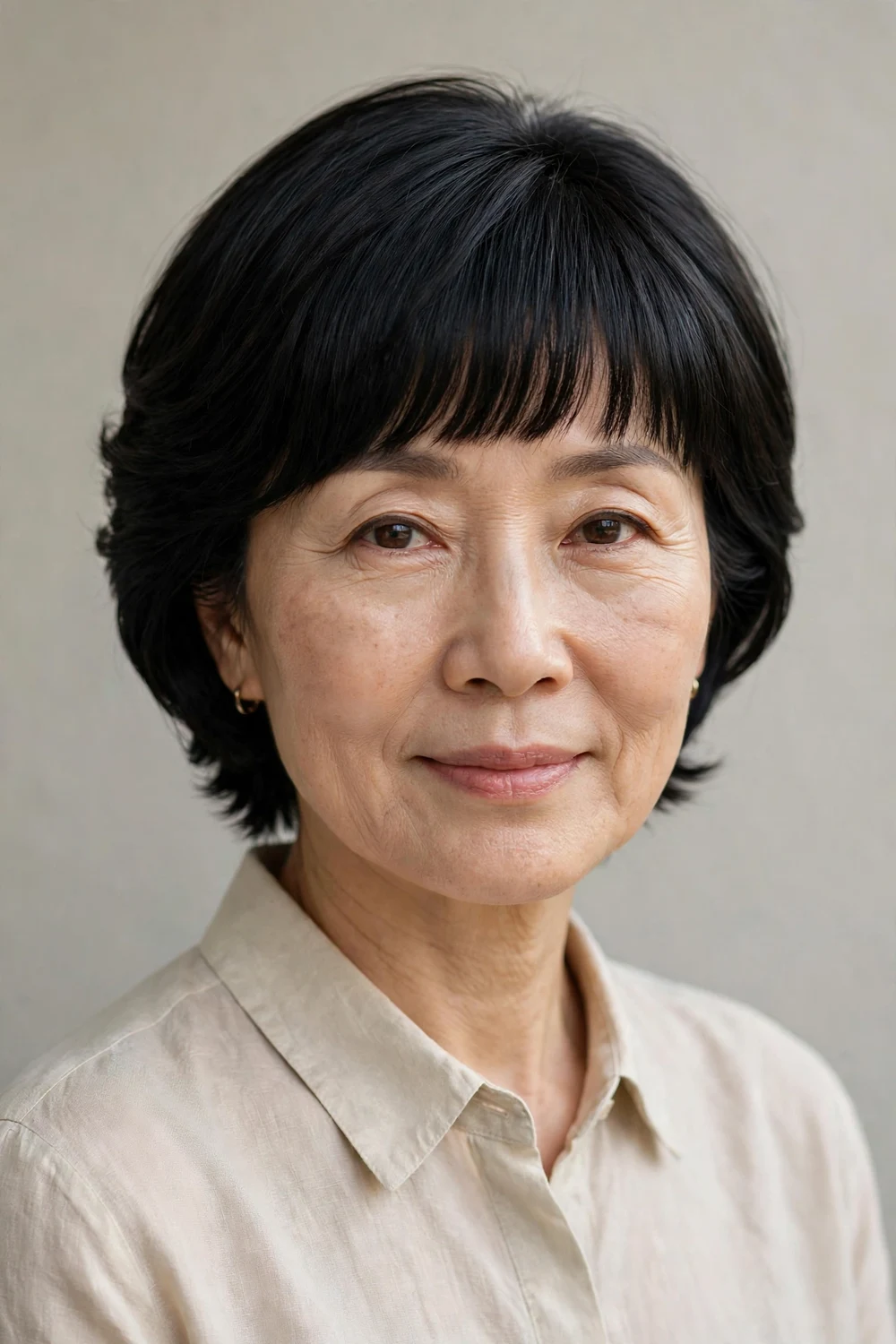 East Asian woman in her 50s with a stacked layered bob and blunt straight-across bangs, sleek black hair