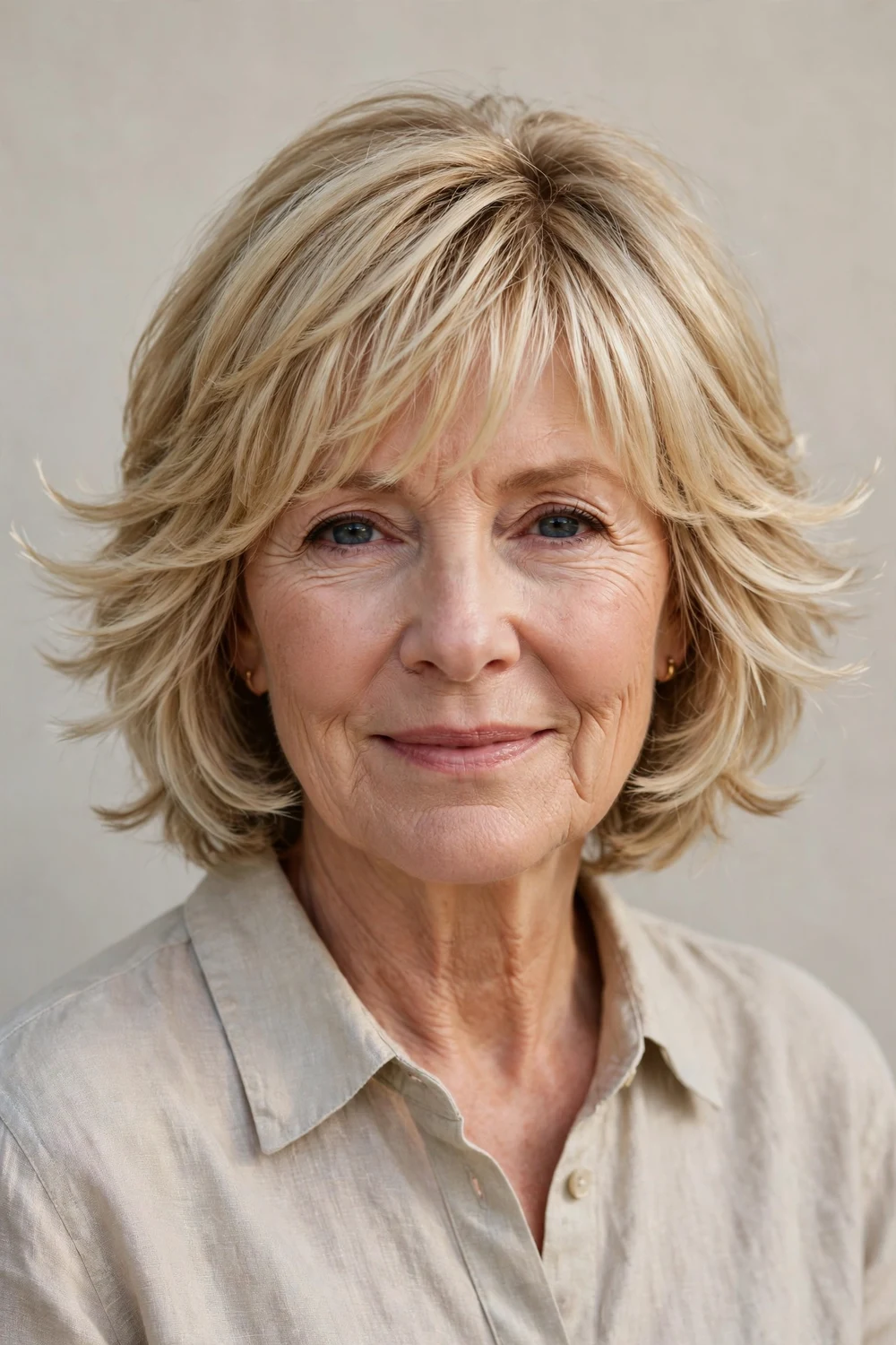 Latina woman in her 50s with a choppy layered bob and choppy textured bangs, dark brown hair