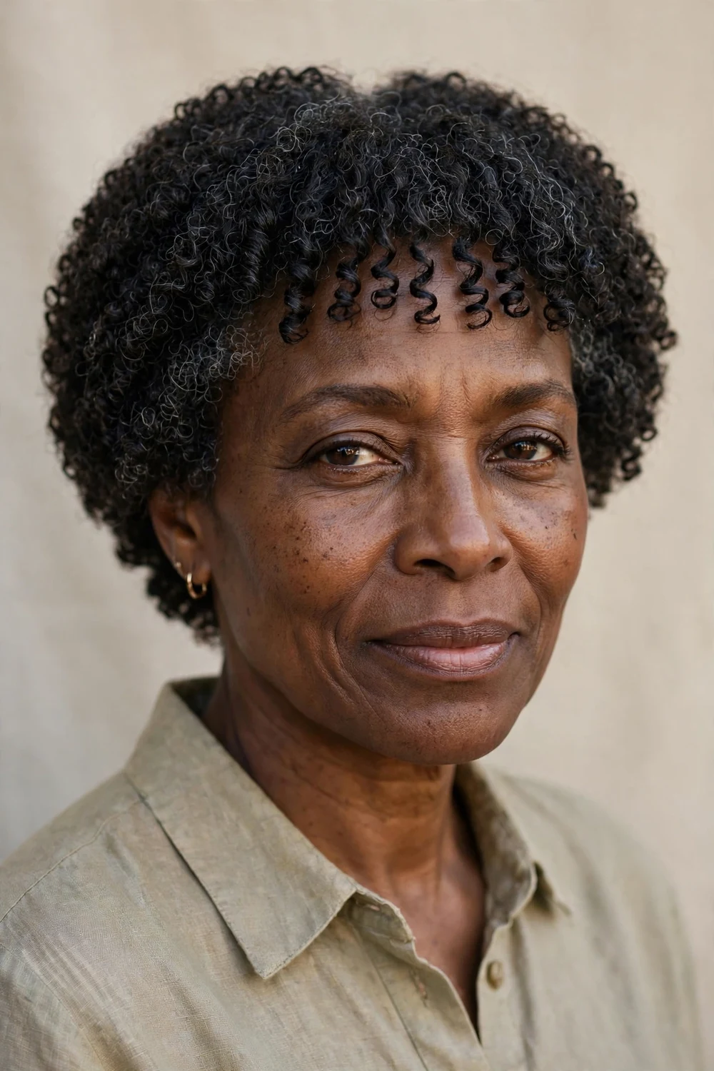 Black woman in her 50s with a curly layered bob and curly bangs, natural coily texture