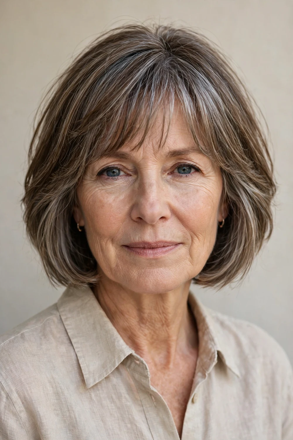 Latina woman in her 60s with a collarbone-length layered lob and curtain bangs parted in the middle, warm brown hair