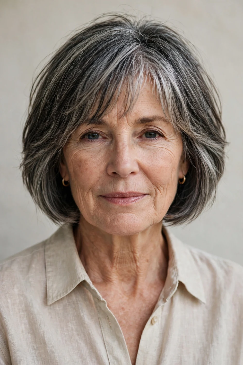 White woman in her 60s with a feathered layered bob and feathered bangs, blonde hair with soft outward flicks