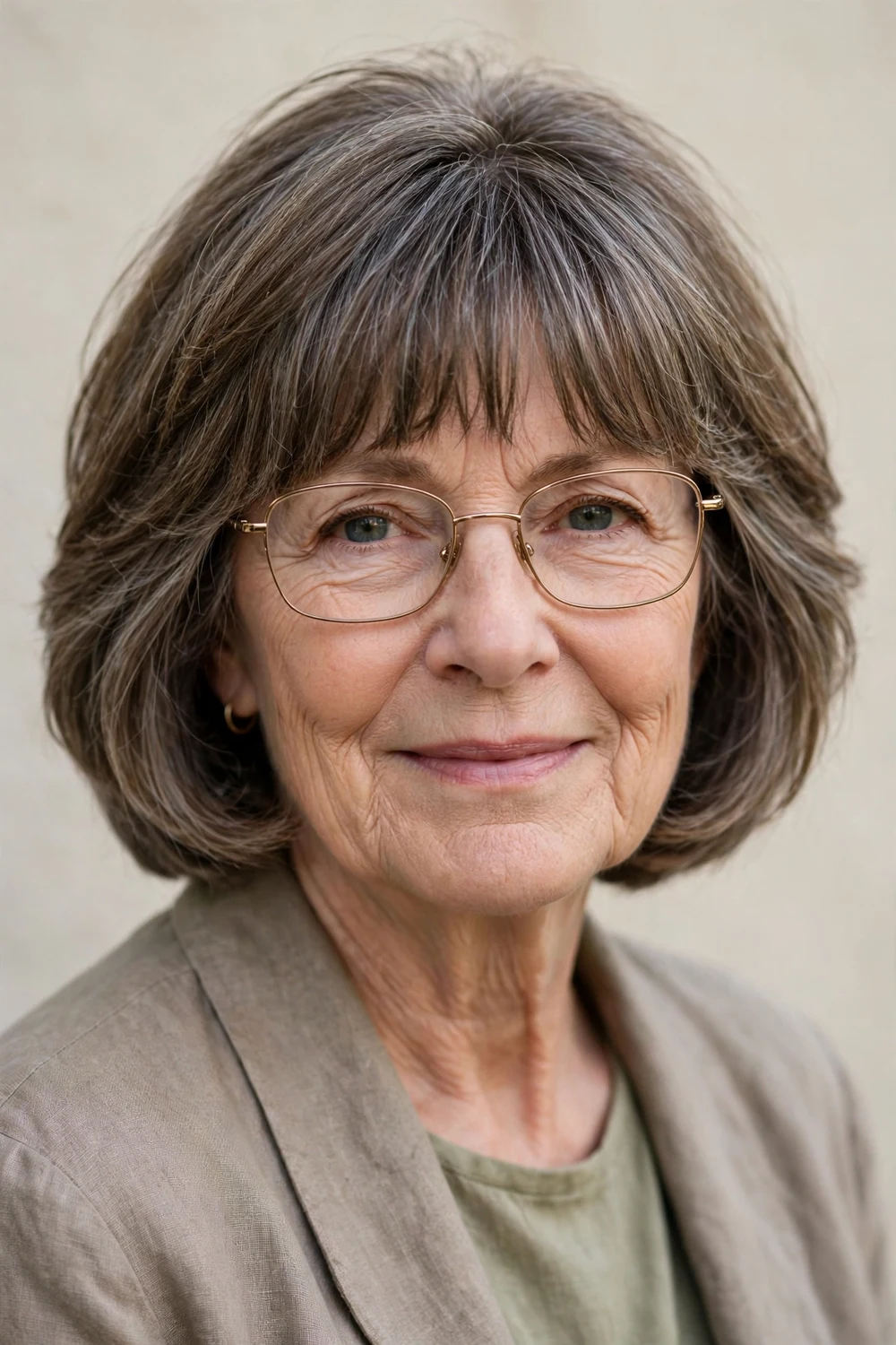 White woman in her 60s wearing glasses with a layered bob and eyebrow-grazing bangs above the frames, gray-brown hair