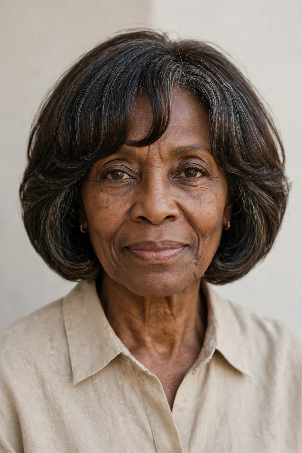 South Asian woman in her 50s with a layered bob and long side-parted bangs swept across the forehead, dark hair