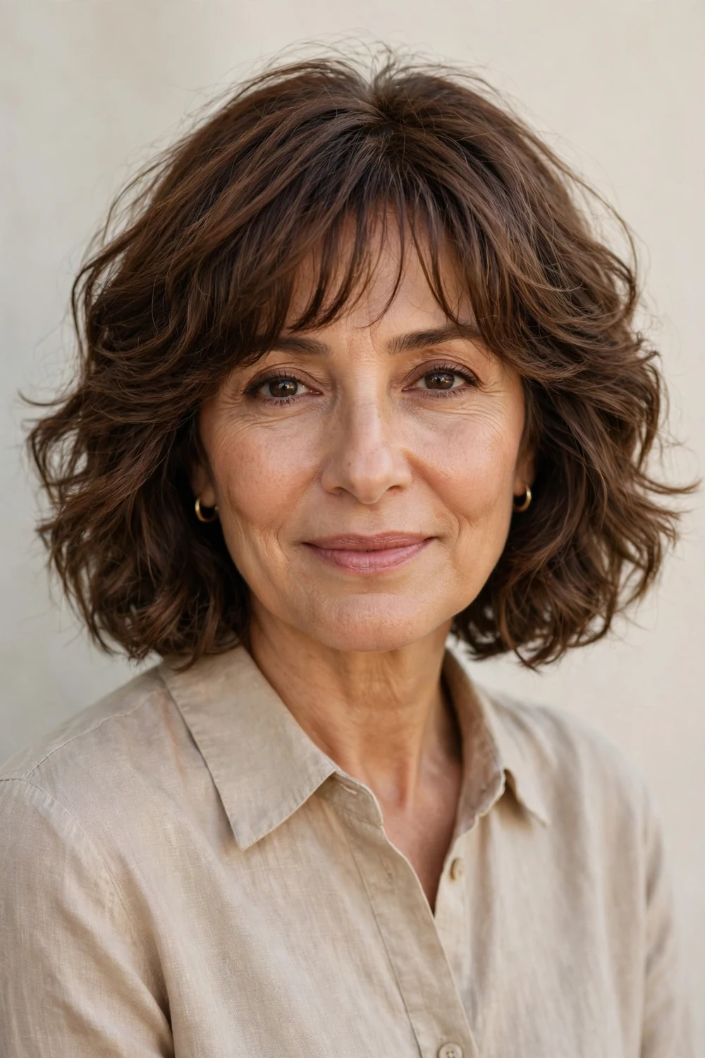 East Asian woman in her 60s with a layered bob and piecey separated bangs, fine dark hair