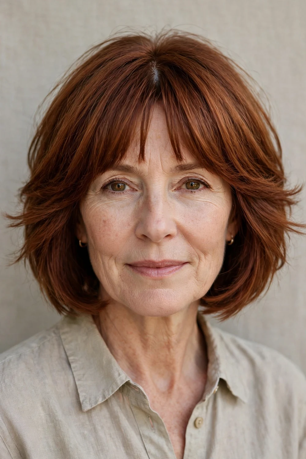 East Asian woman in her 50s with a layered bob and sheer see-through bangs, dark brown hair