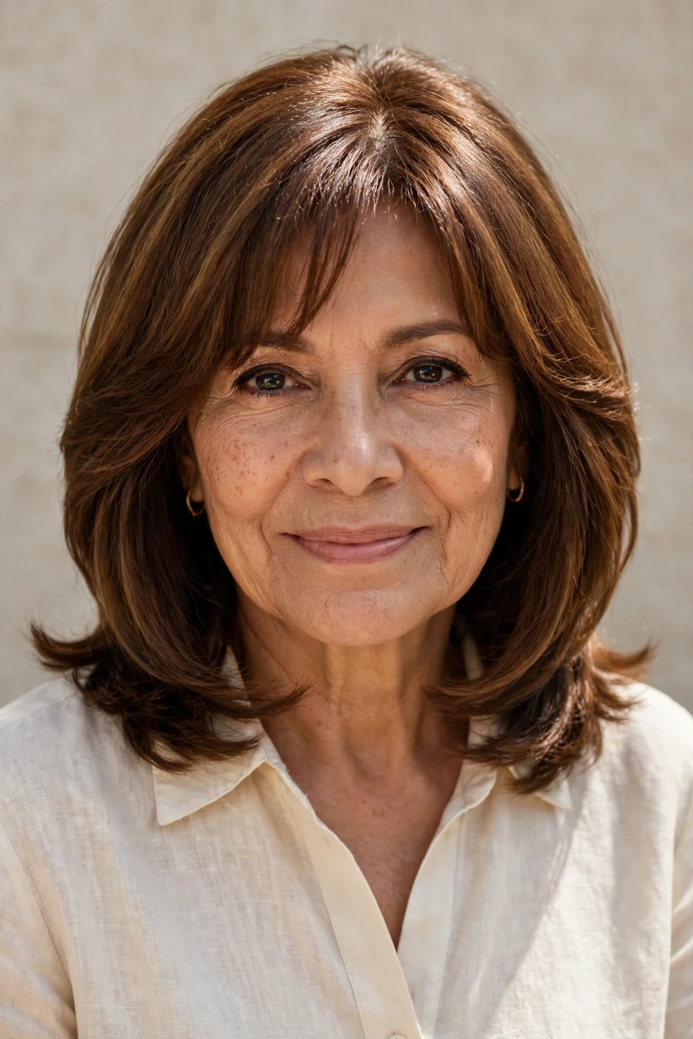 Black woman in her late 50s with a textured layered bob and side-swept bangs, dark hair with gray at the temples