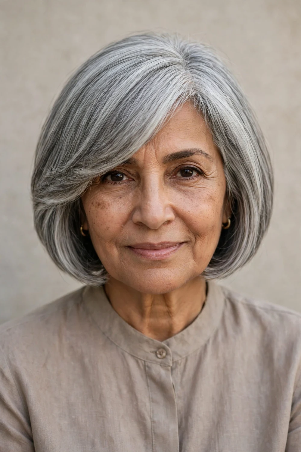 Middle Eastern woman in her 60s with a silver-gray layered bob and side-swept fringe, sleek polished finish