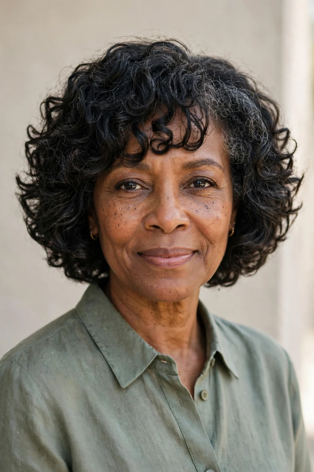 Middle Eastern woman in her 50s with a wavy layered bob and wispy fringe, brown hair with natural waves