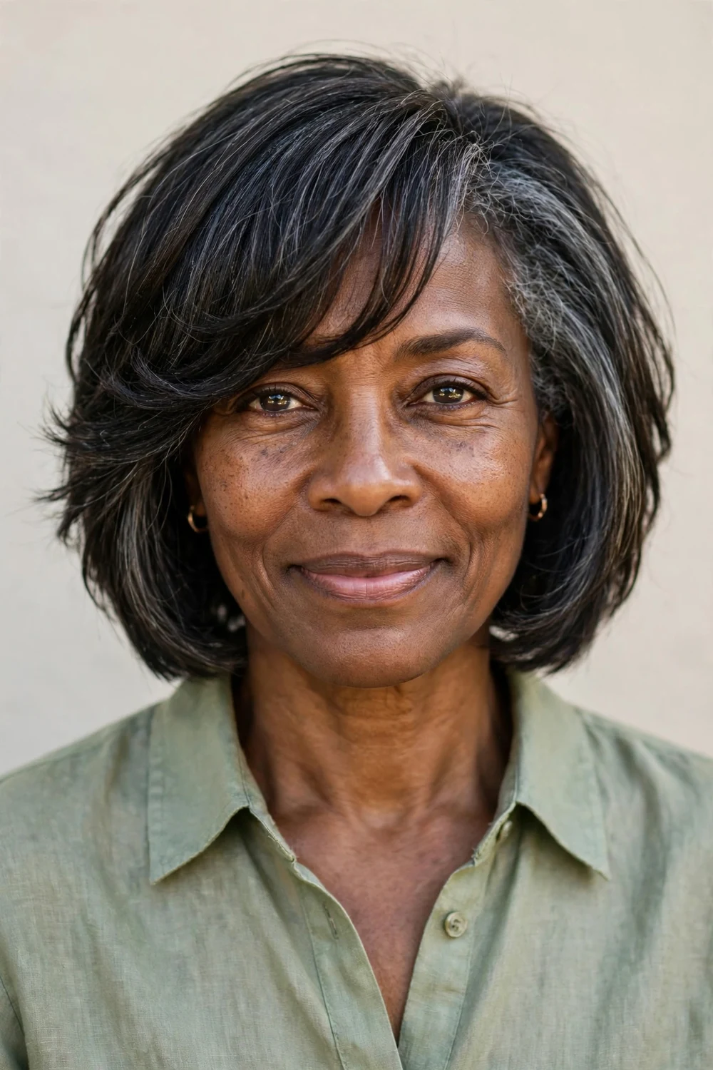 Woman in her early 60s with a chin-length layered bob and wispy bangs, silver-streaked brown hair