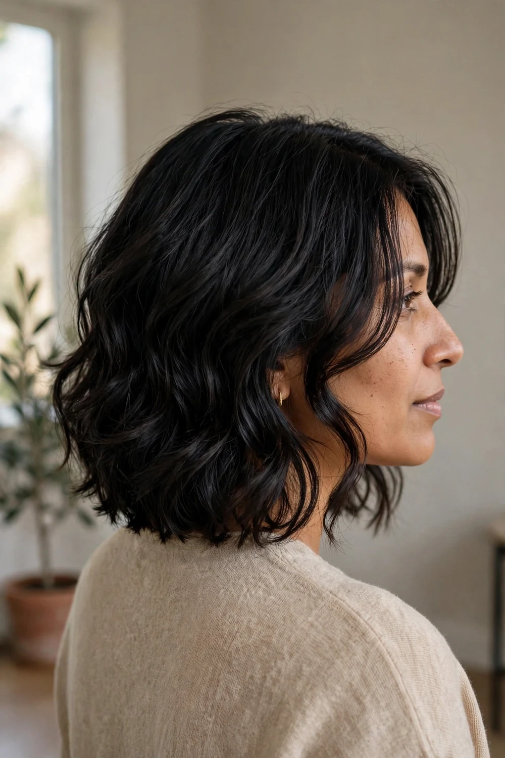Woman with a layered collar-length wavy bob
