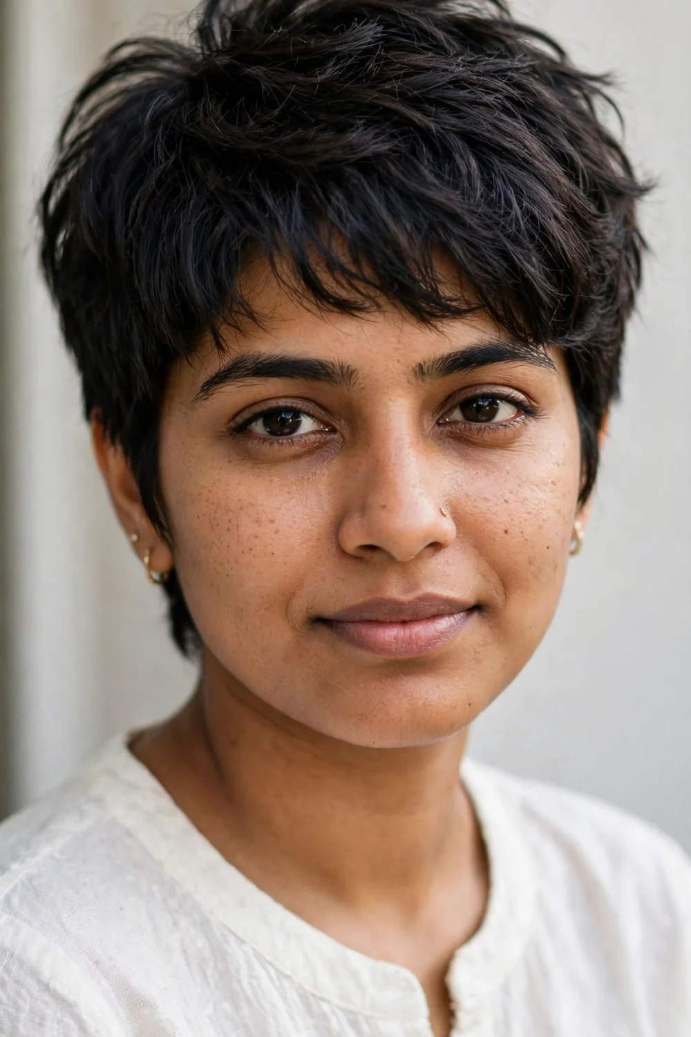 Woman with a dark layered crop