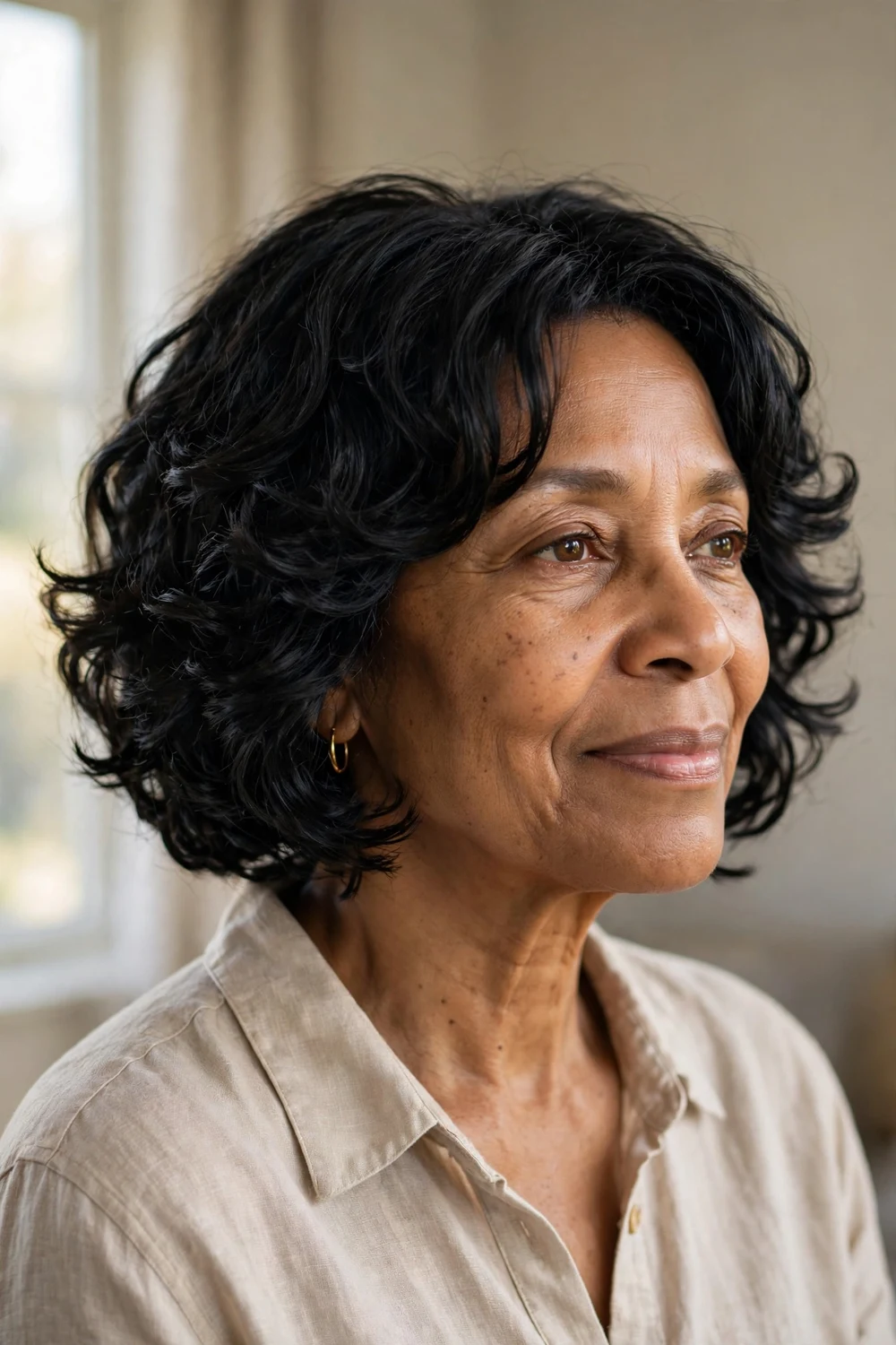 Older Black woman with a layered curly bob