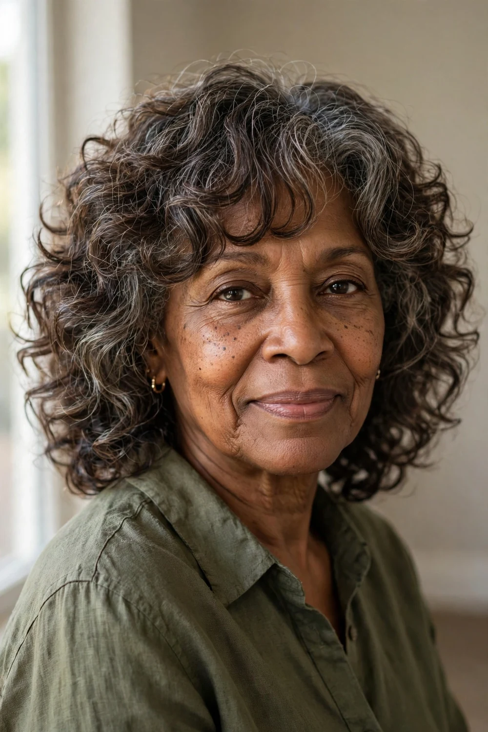 Older Black woman with layered curly hair and bangs
