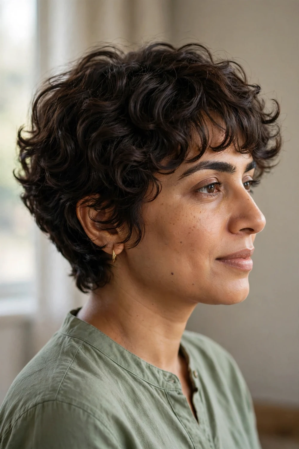 Layered curly pixie with bangs and movement
