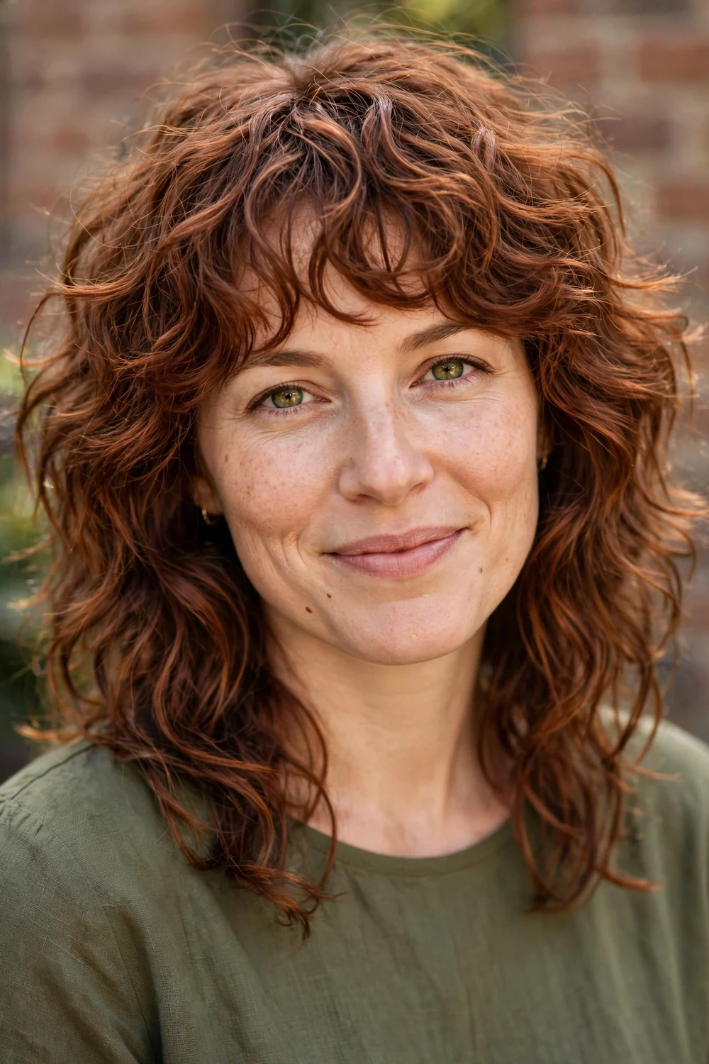 Woman with an oval face wearing a layered curly shag with long choppy layers