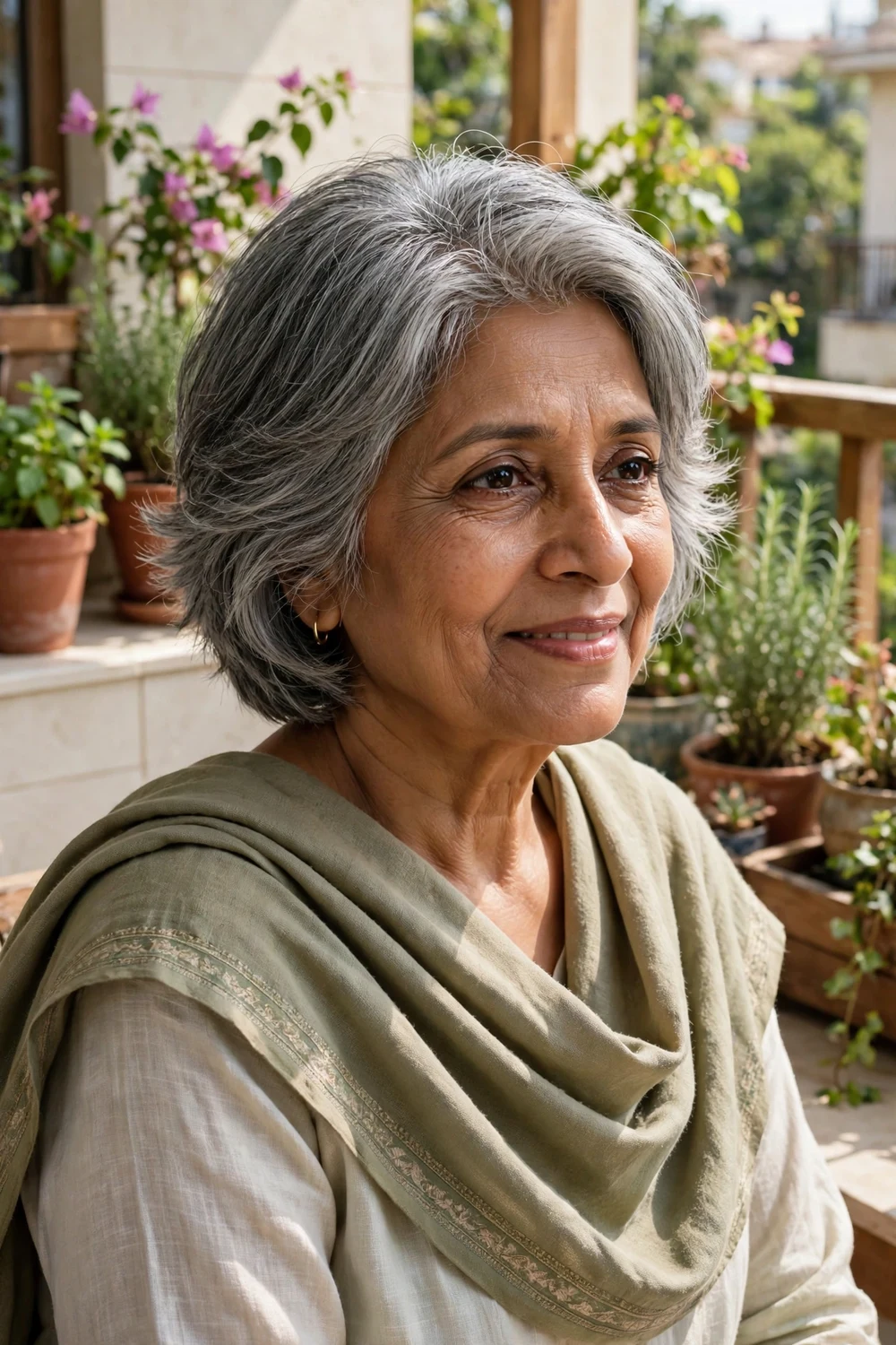 South Asian woman in her mid 60s with a layered ear-length gray crop on a sunny balcony