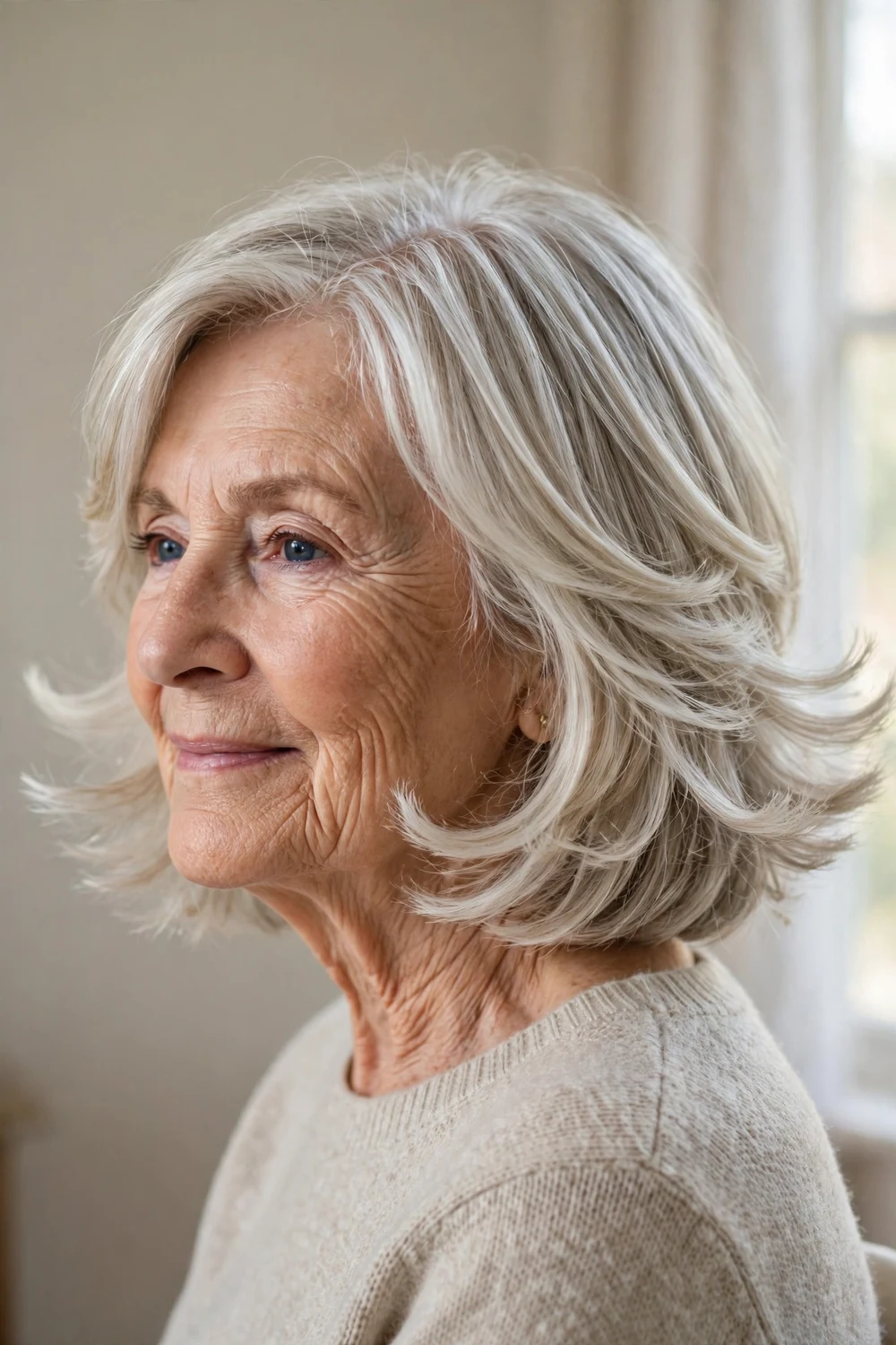 Woman over 60 with layered feathered bob with ends flipping outward