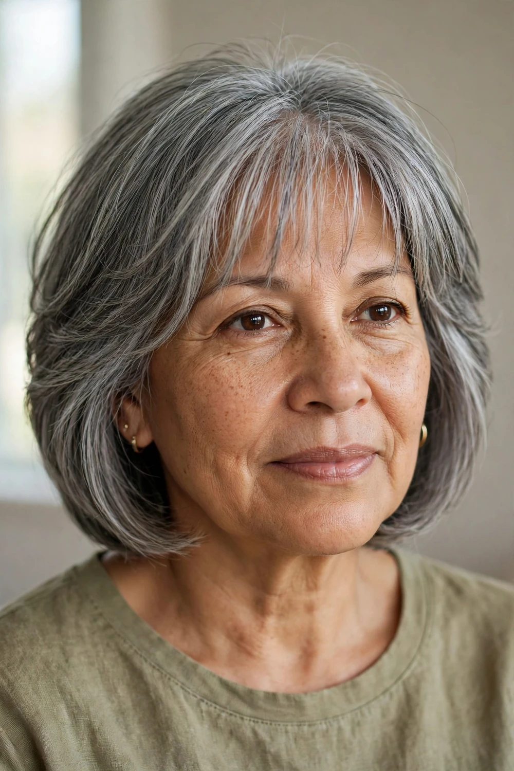 Layered gray bob with wispy fringe bangs