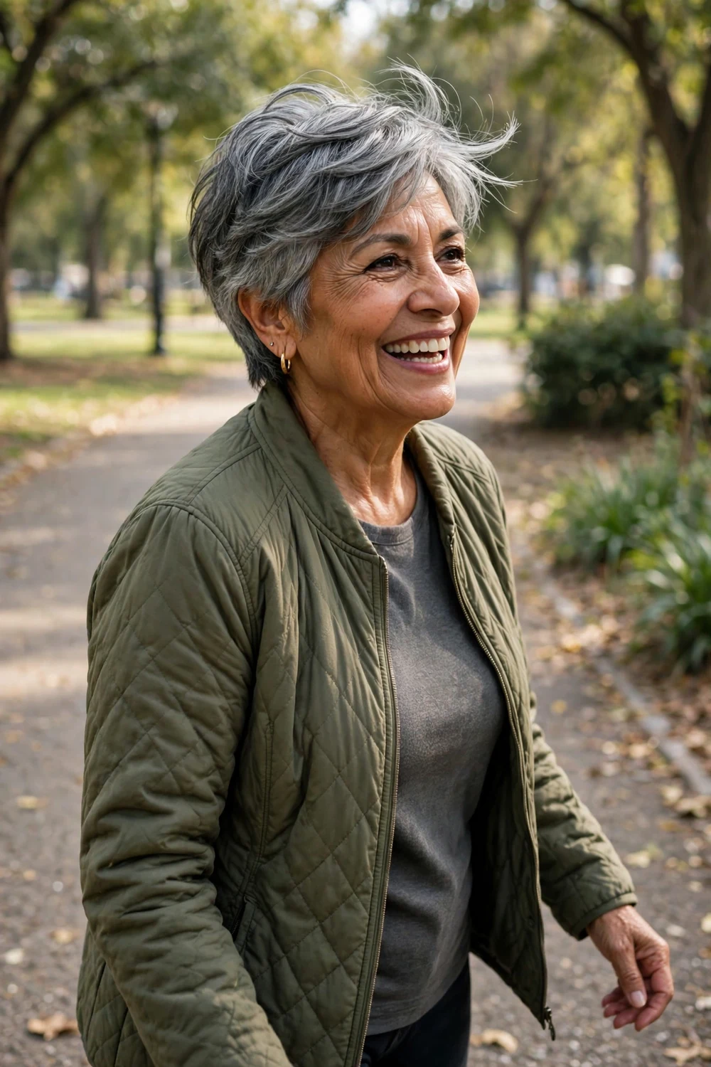 Hispanic woman in her mid 60s with a layered gray pixie with movement on a park path