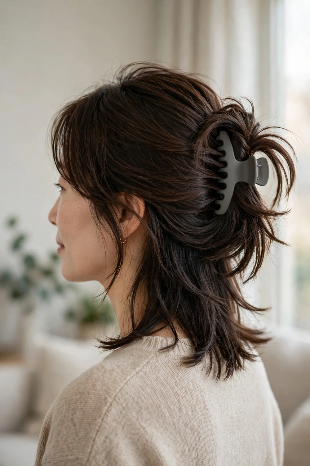 Woman with dark brown layered medium-length hair loosely gathered at the back with a medium matte gray claw clip