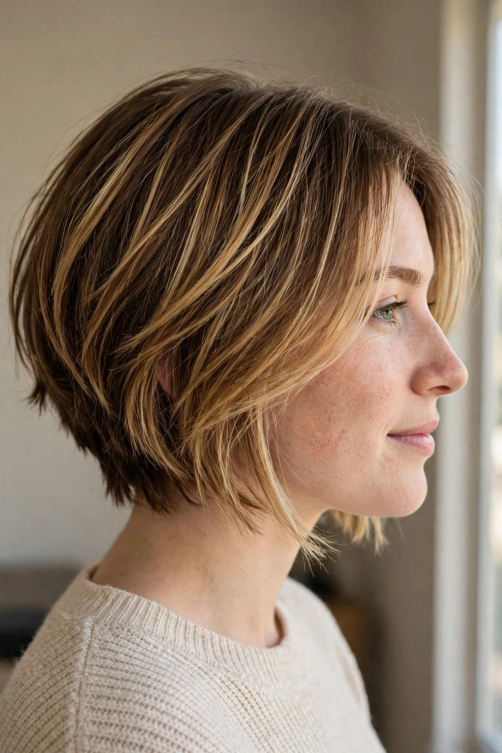 Layered angled bob with dimensional highlights throughout