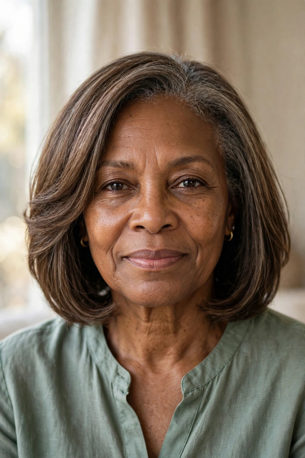 67-year-old Asian woman with black layered lob haircut at collarbone length