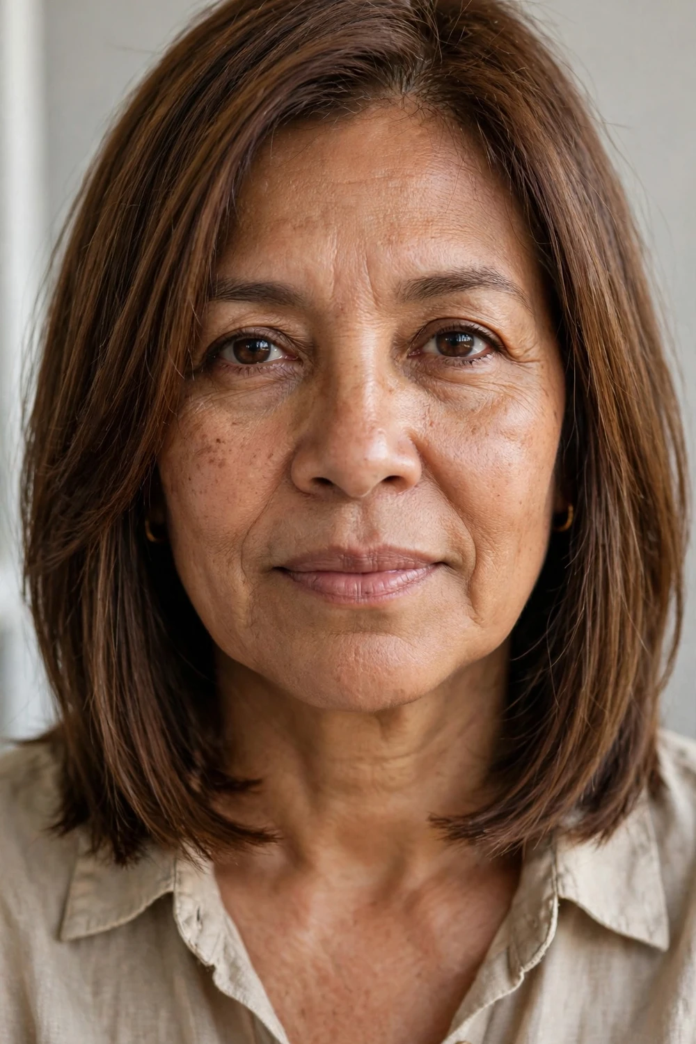 Woman over 50 with a layered lob haircut with blunt ends that keep thin hair looking full