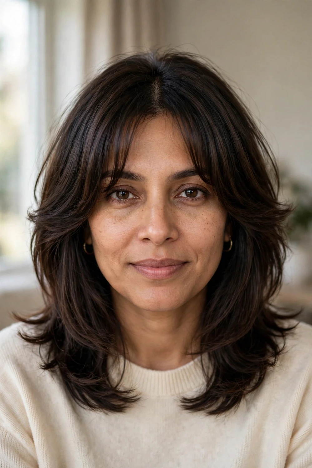 Woman with dark brown hair in a layered lob with curtain bangs parted in the middle