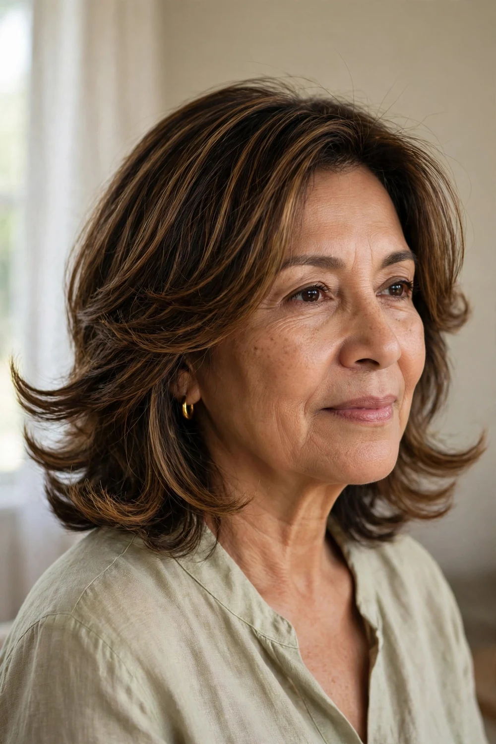 Woman over 50 with a layered lob styled with flipped-out ends