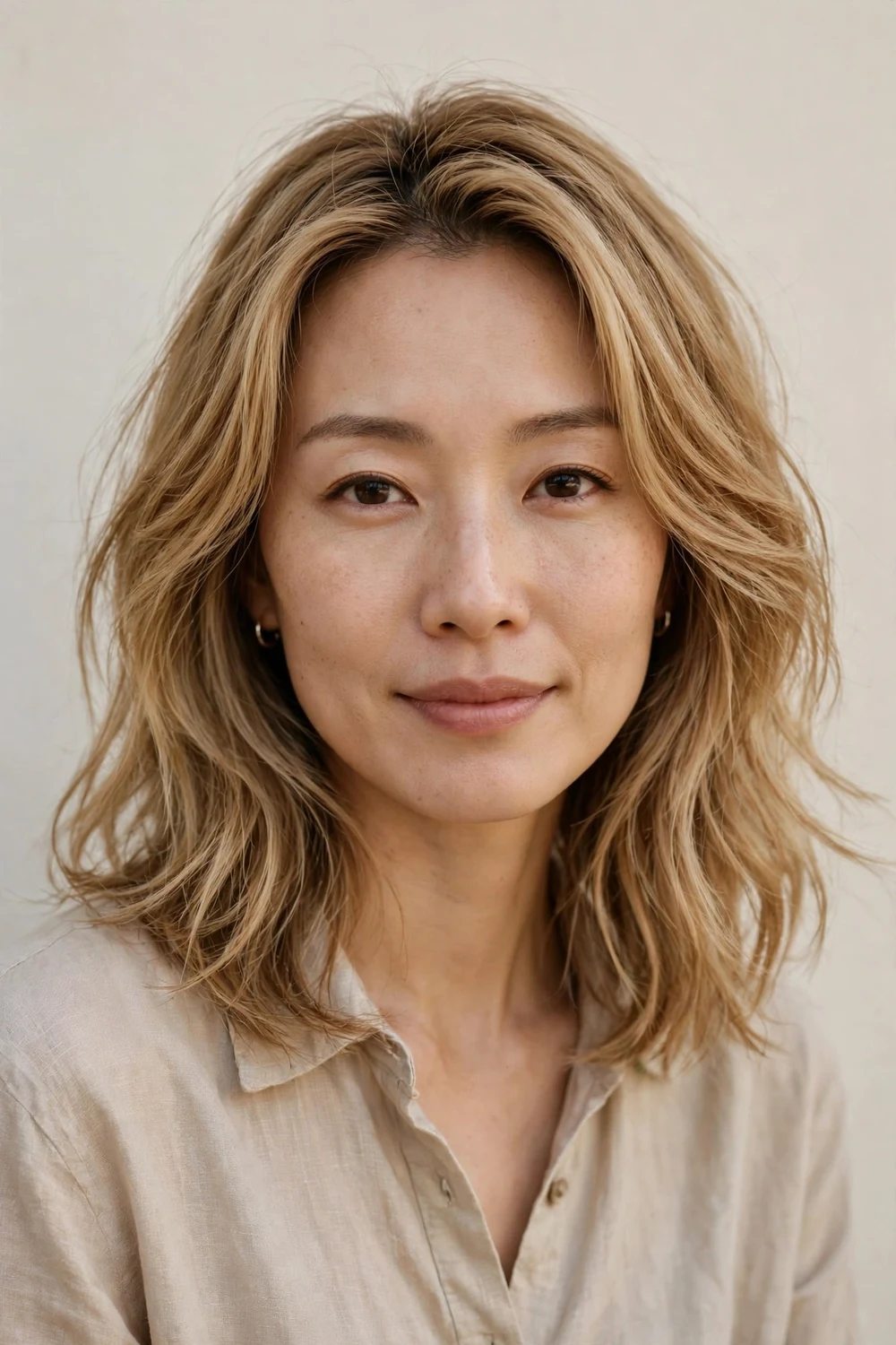 East Asian woman in her early thirties with an oblong face and a collarbone-length layered lob with wispy ends