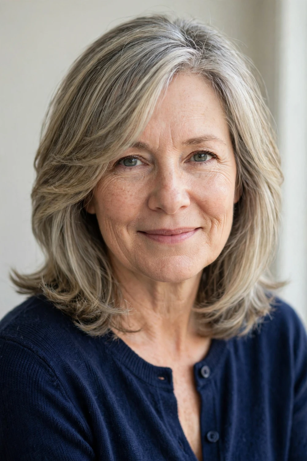 Woman with an oval face wearing a layered lob with side-swept bangs