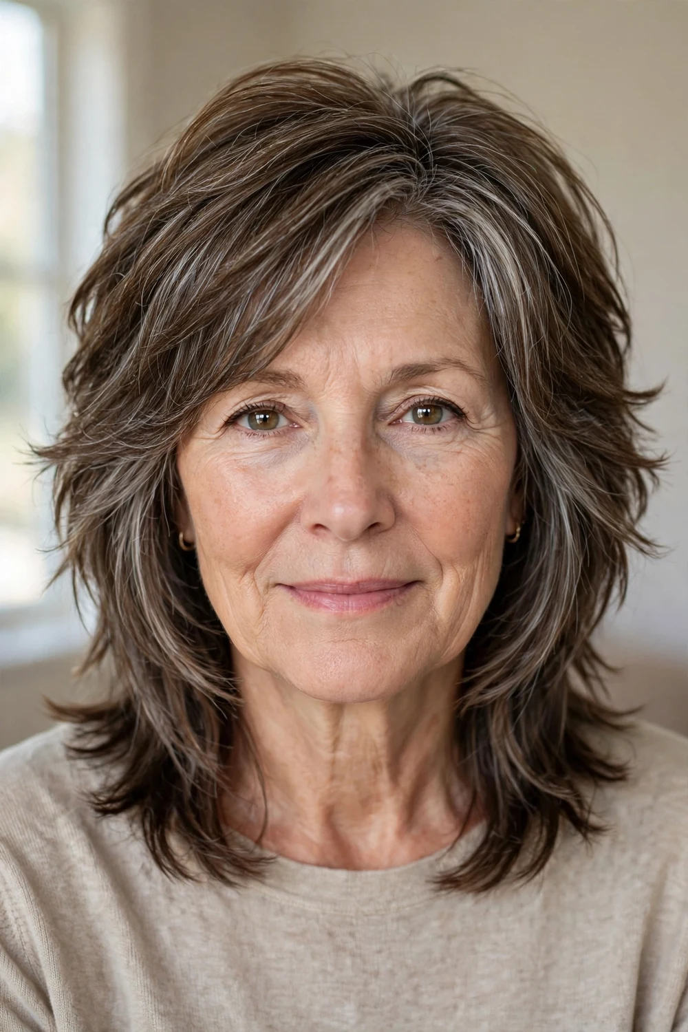 Woman over 50 with a textured layered lob haircut