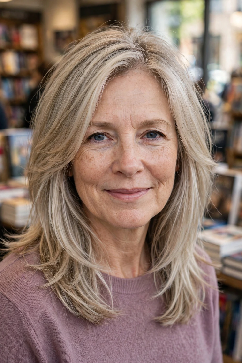 Woman over 50 with a layered lob haircut past the shoulders on thin hair