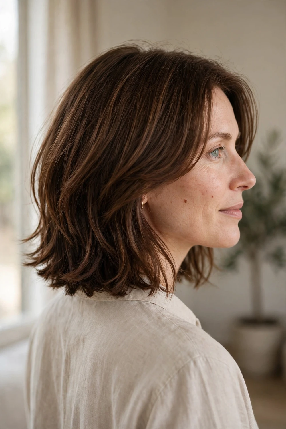 Layered lob haircut falling at collarbone with soft layers