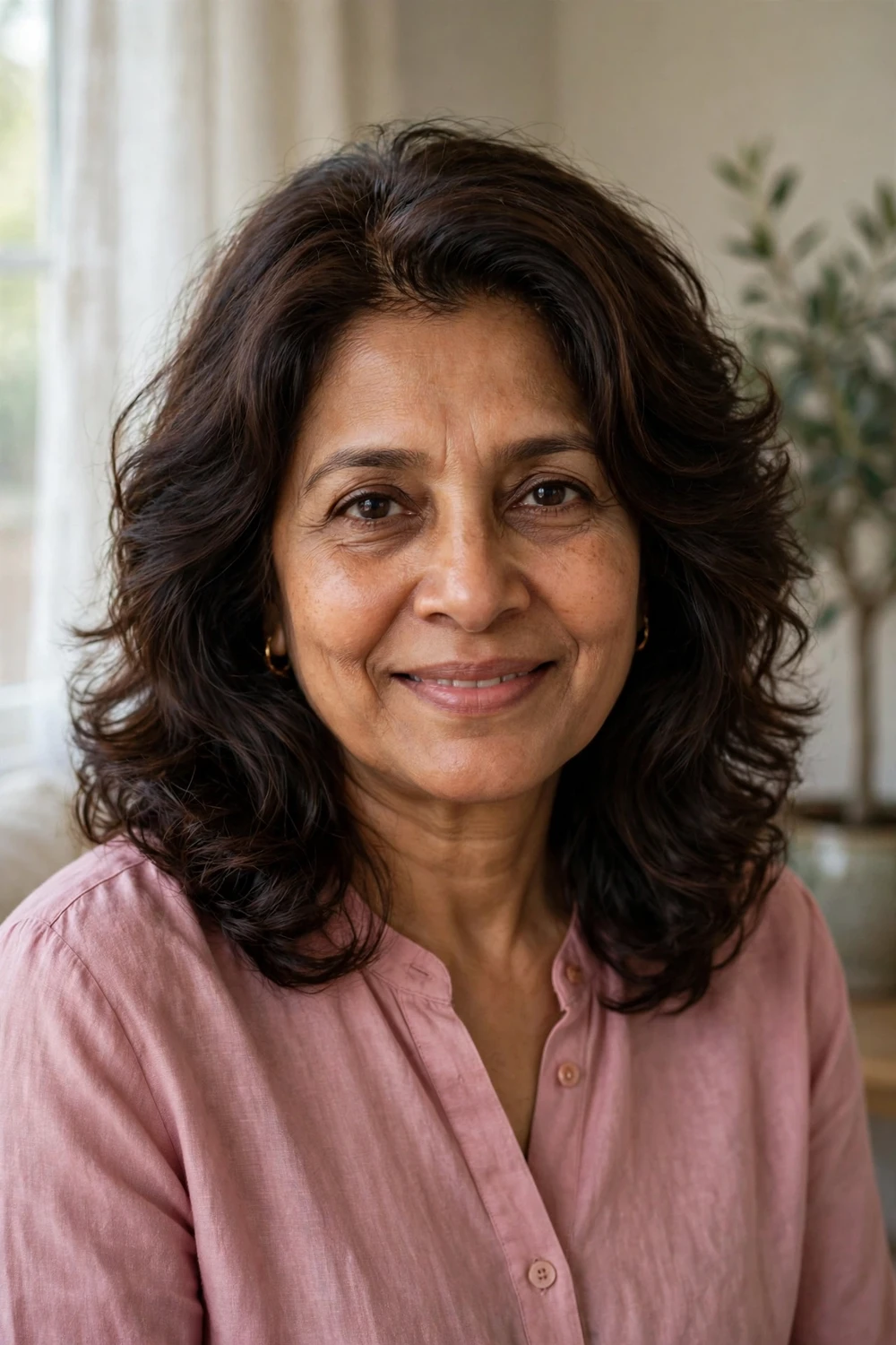 South Asian woman in her early 50s with layered medium-length espresso waves and a deep side part