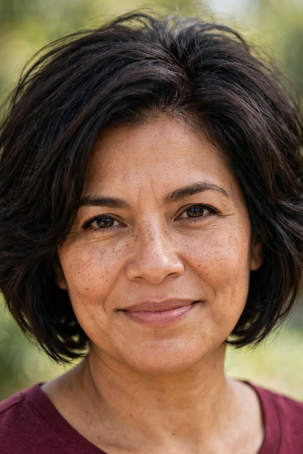 Woman with a layered micro bob haircut showing soft short layers