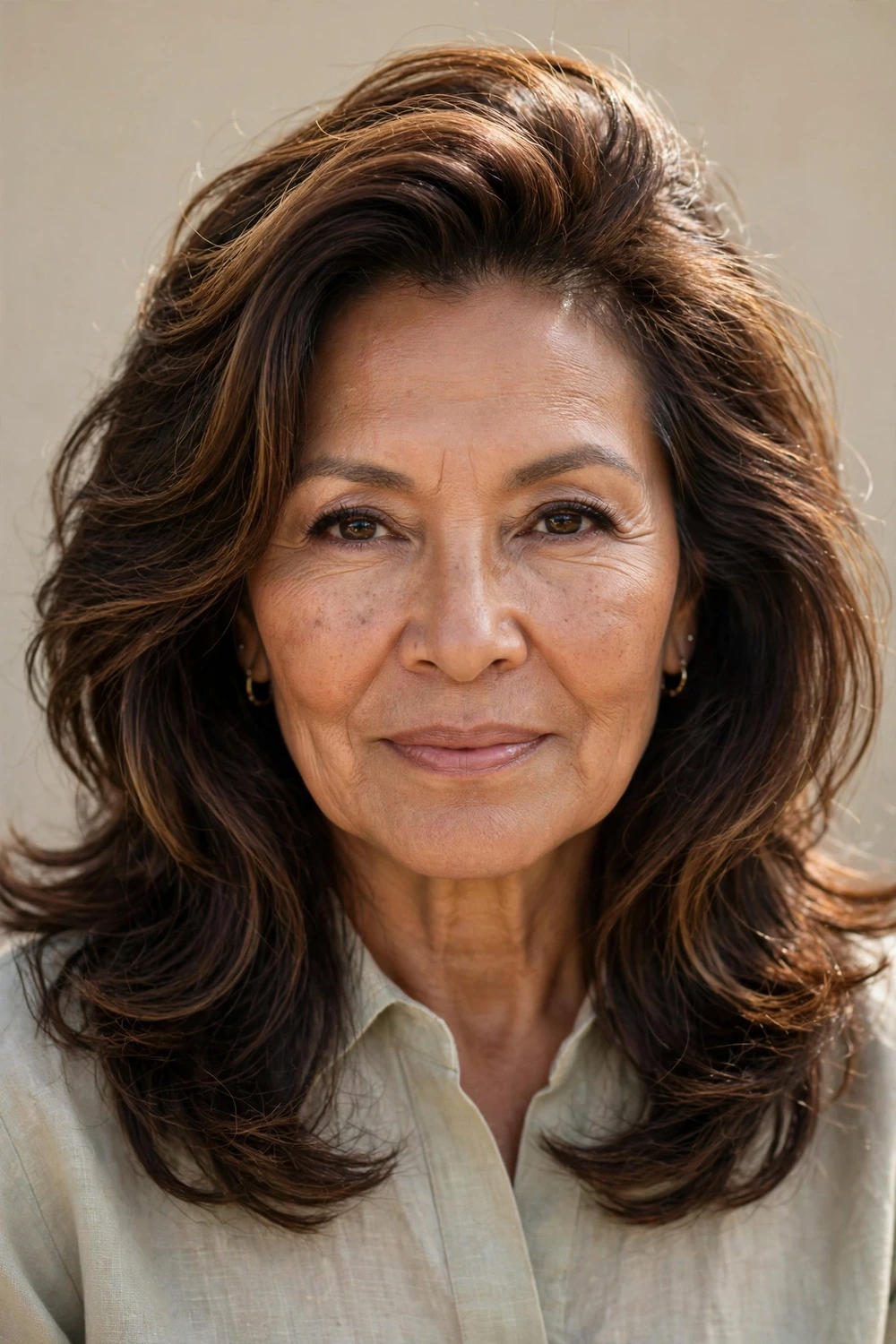 Woman in her 60s with layered mid-length cut and swept-back crown, three-quarter view