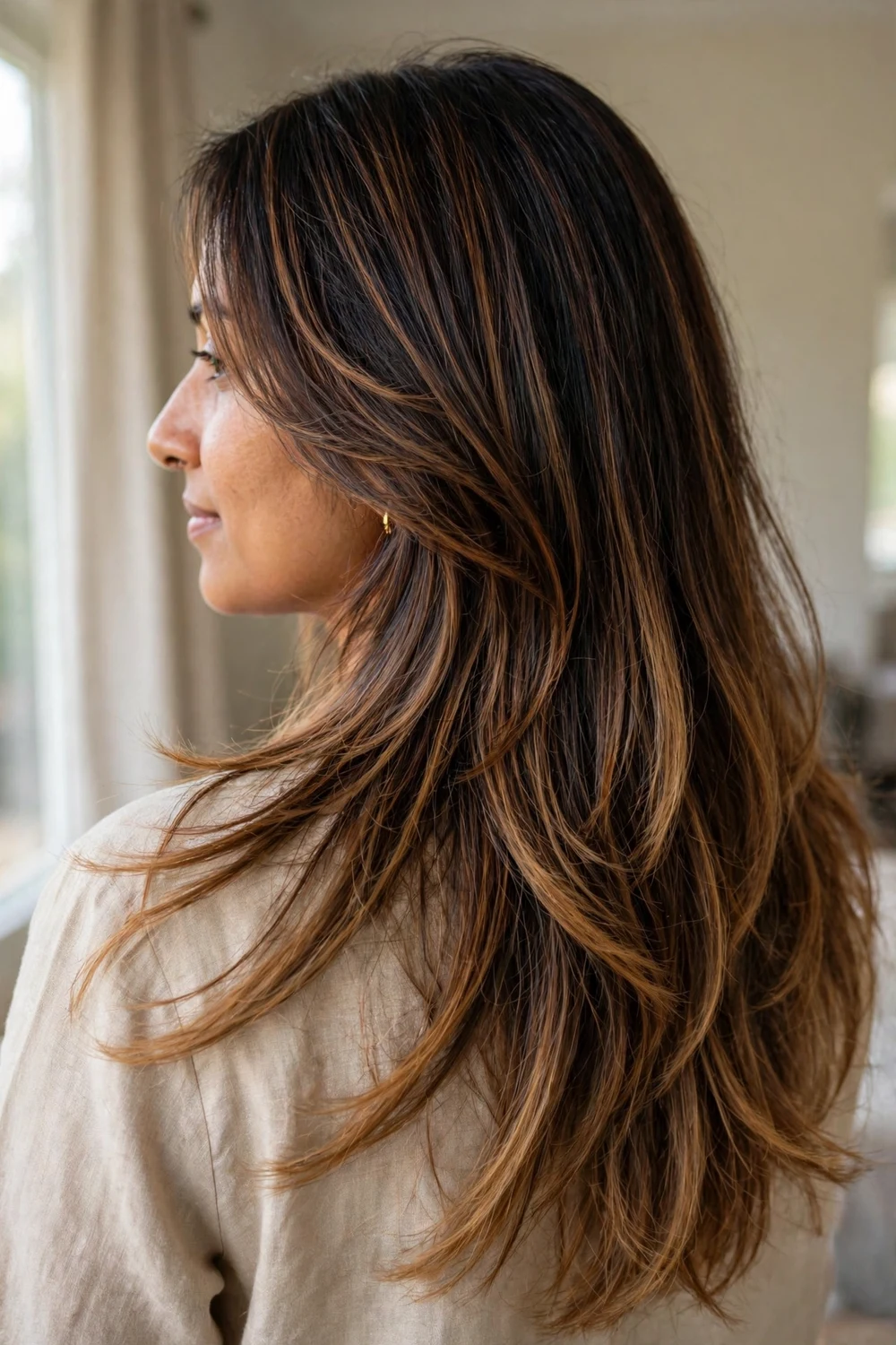 Woman with long ombre hair with darker roots fading to lighter ends and soft layers, back view