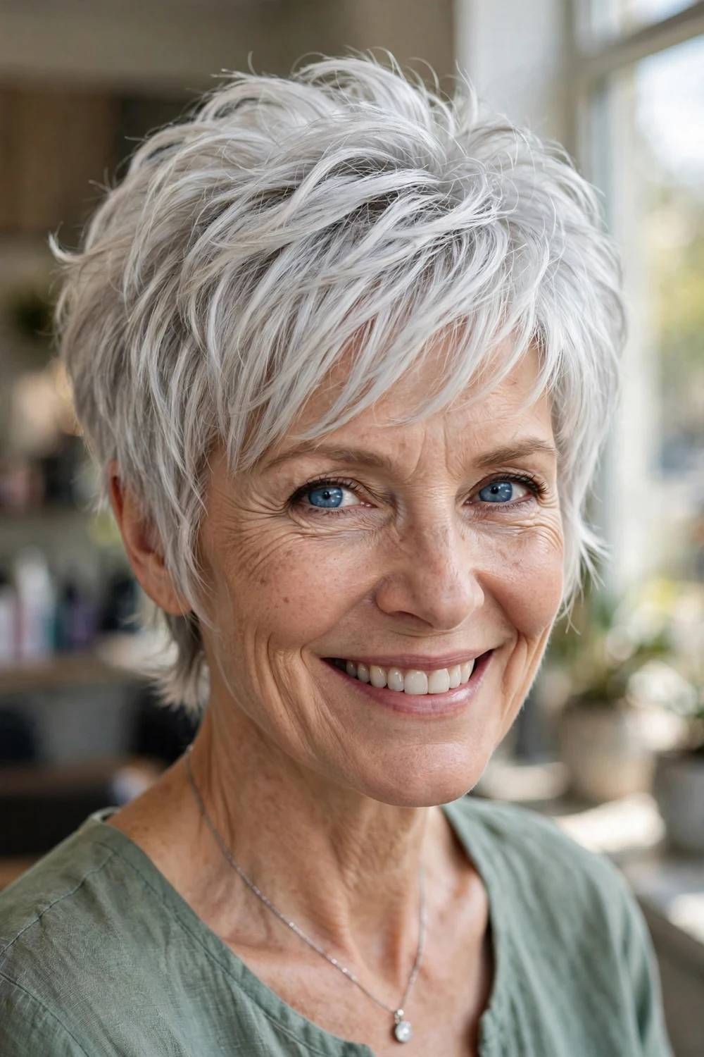 Mature woman with layered pixie-bob