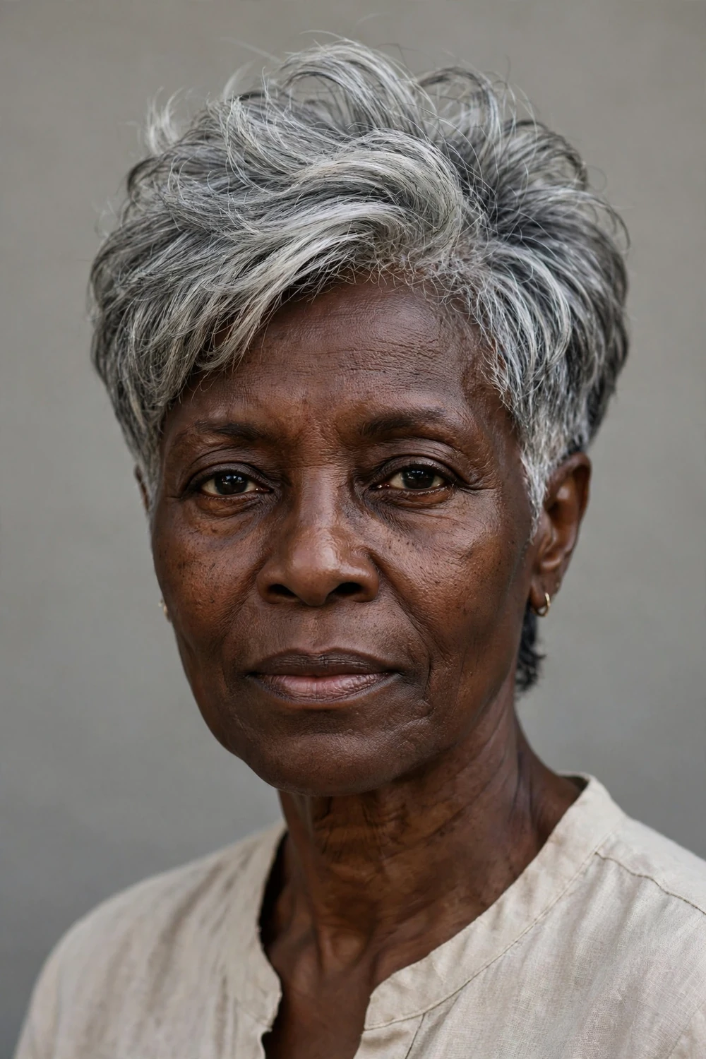 Layered pixie-bob haircut with undercut on silver gray hair