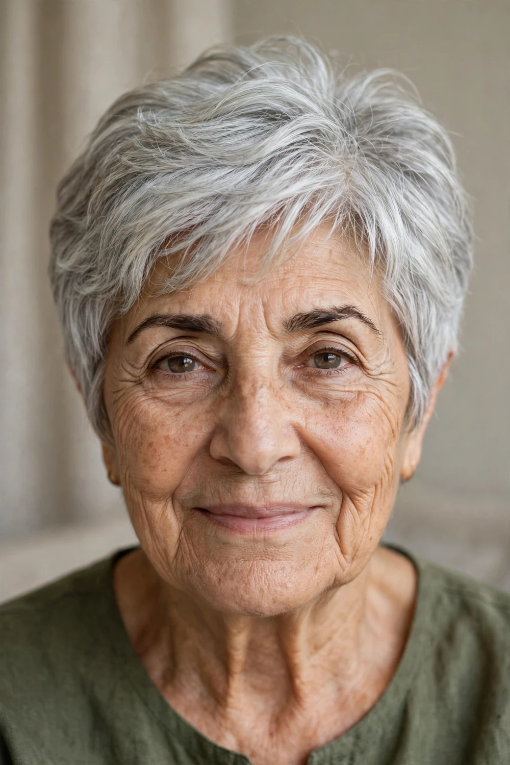 Layered pixie haircut with crown lift for women over 70